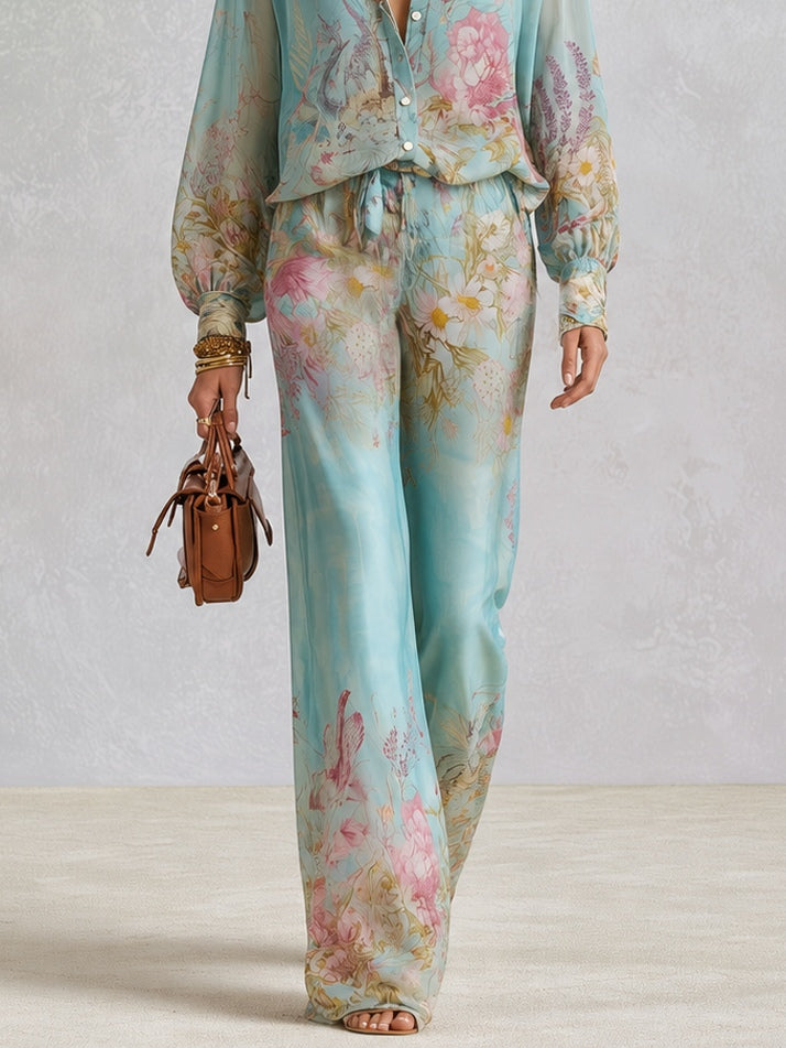 Effortless Floral Wide Leg Pants Set for Women with V-Neck Long Sleeve Two Piece