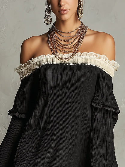 Elegant Black Mini Dress for Women with Off Shoulder Lace Trim Ruffle Sleeve