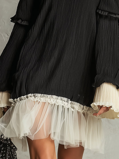 Elegant Black Mini Dress for Women with Off Shoulder Lace Trim Ruffle Sleeve