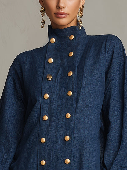 Elegant Navy Shirt Dress for Women with Button Front Ruffle Hem Collar