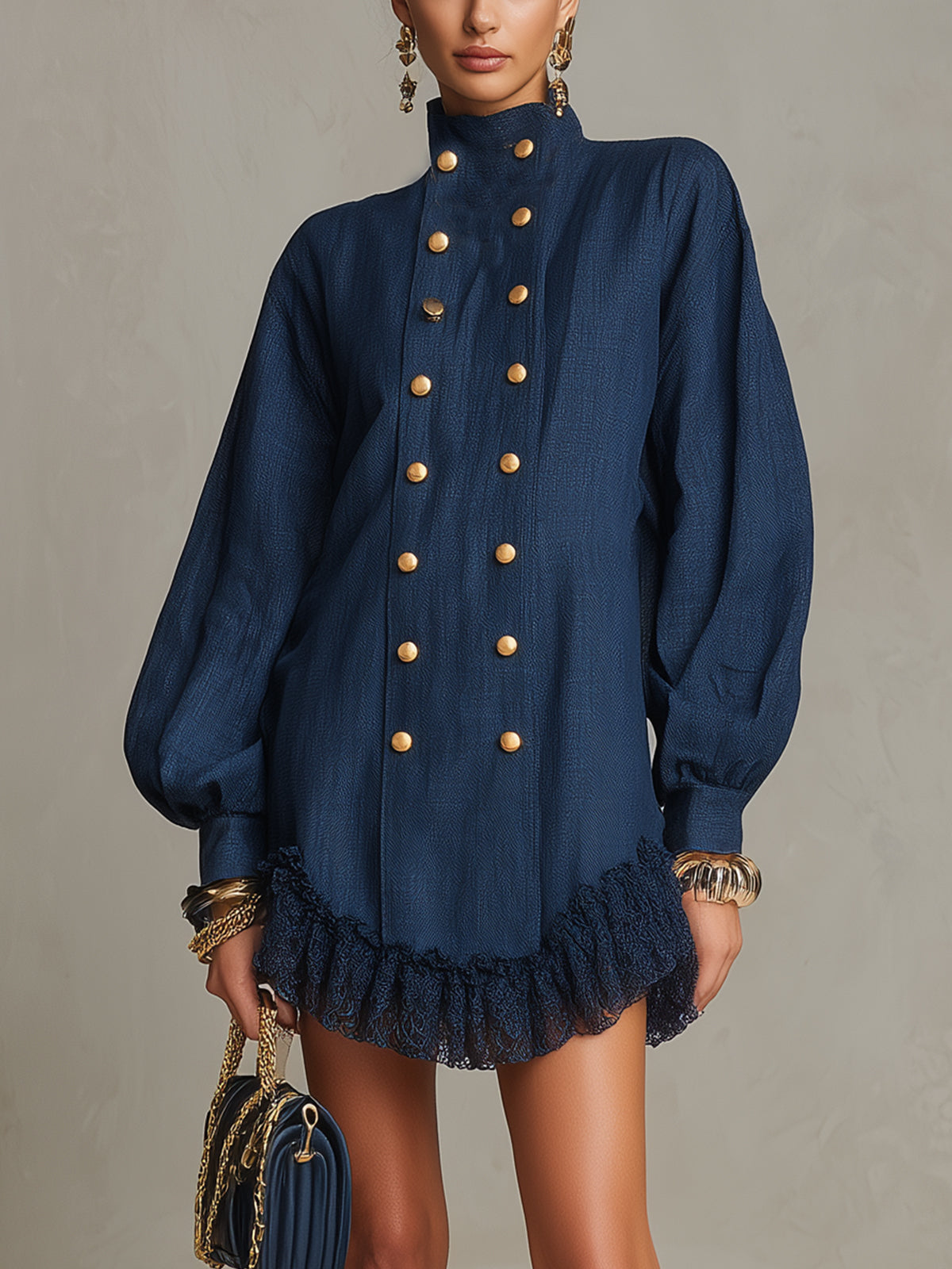 Elegant Navy Shirt Dress for Women with Button Front Ruffle Hem Collar