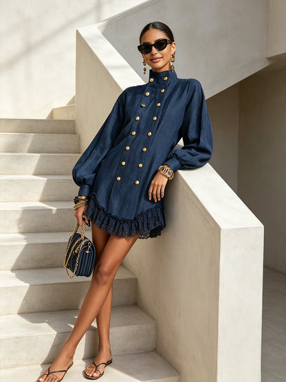 Elegant Navy Shirt Dress for Women with Button Front Ruffle Hem Collar