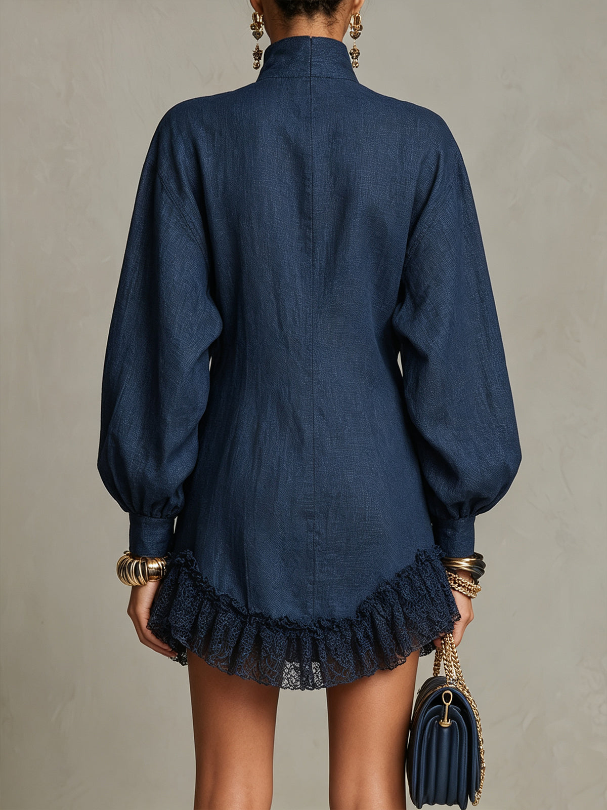 Elegant Navy Shirt Dress for Women with Button Front Ruffle Hem Collar