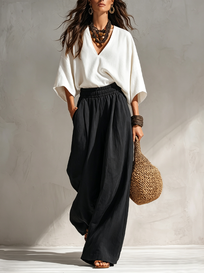 Effortless Two Piece Set for Women with V Neck Blouse Wide Leg Palazzo Pants Relaxed Casual Style
