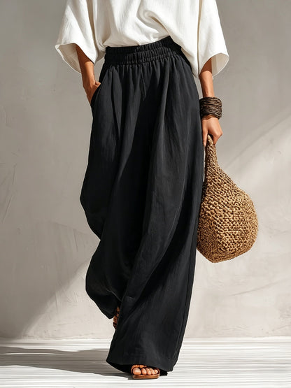 Effortless Two Piece Set for Women with V Neck Blouse Wide Leg Palazzo Pants Relaxed Casual Style