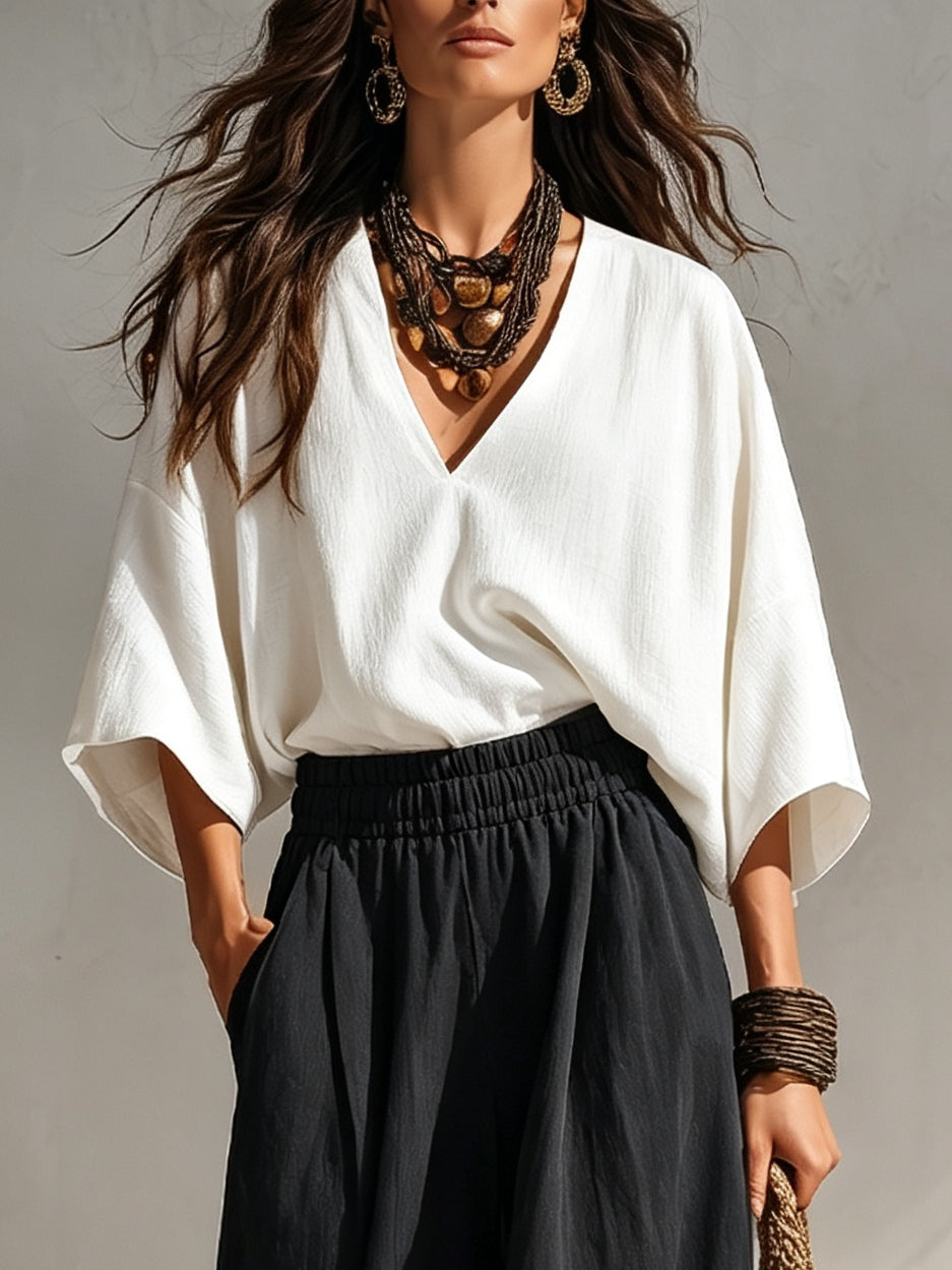 Effortless Two Piece Set for Women with V Neck Blouse Wide Leg Palazzo Pants Relaxed Casual Style