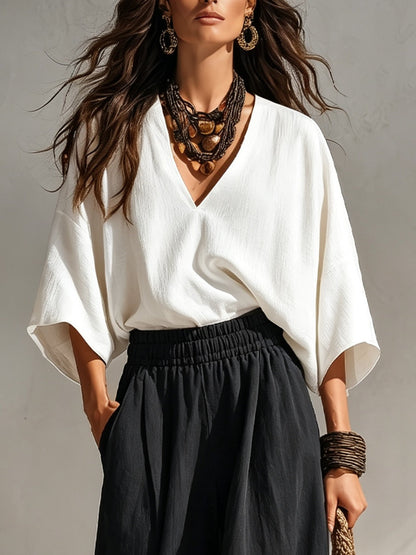 Effortless Two Piece Set for Women with V Neck Blouse Wide Leg Palazzo Pants Relaxed Casual Style