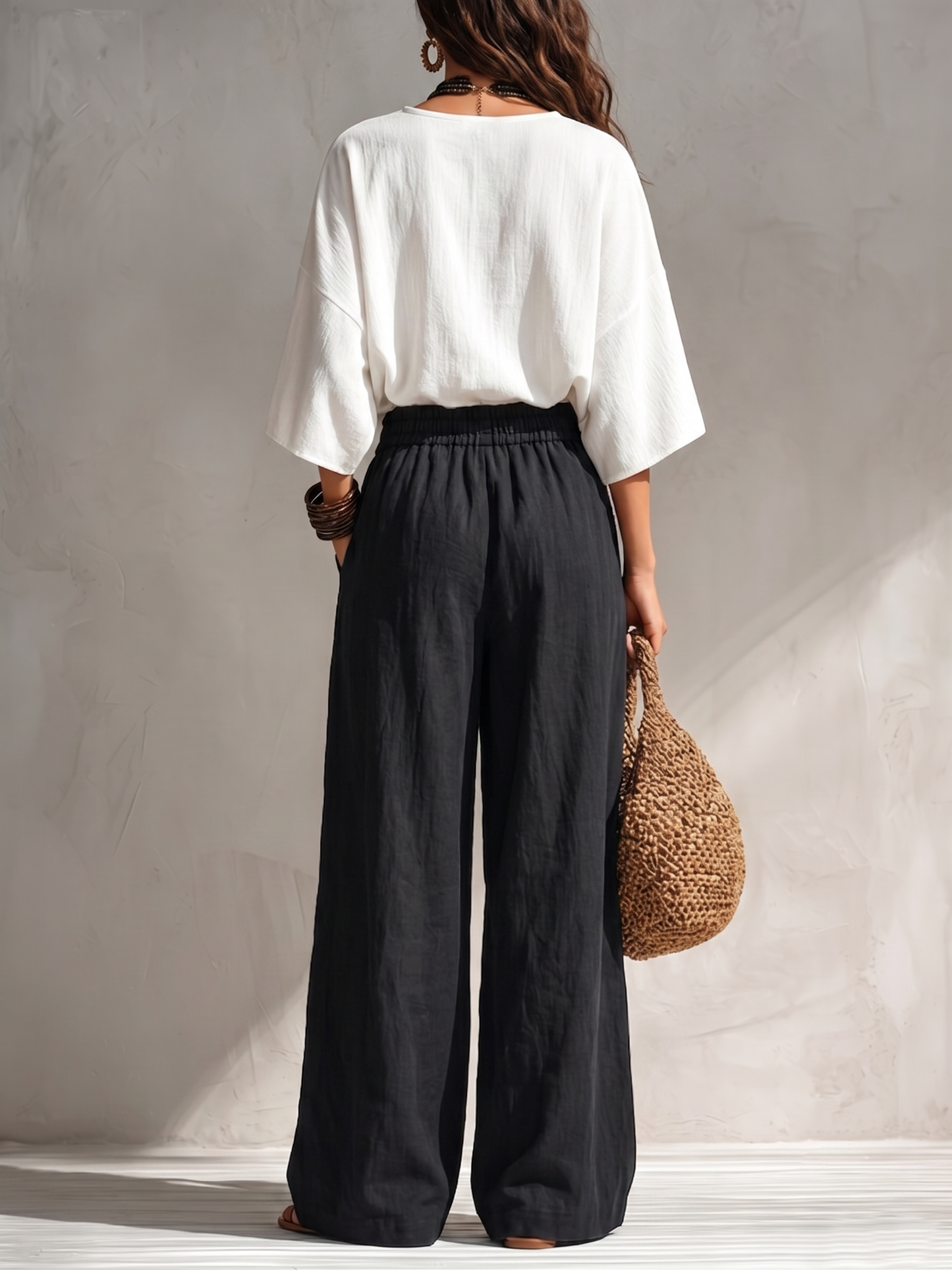Effortless Two Piece Set for Women with V Neck Blouse Wide Leg Palazzo Pants Relaxed Casual Style