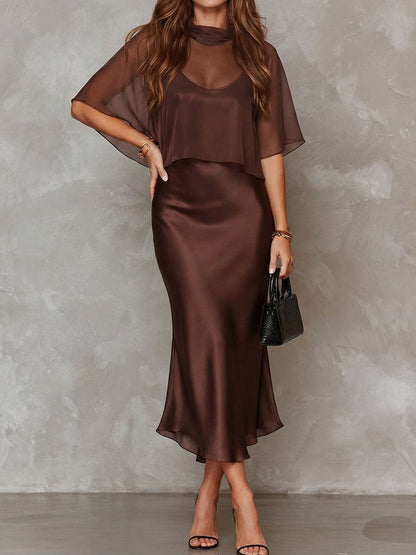 Elegant Brown Satin Midi Dress for Women with Chiffon Cape Overlay Mock Neck Cocktail Style