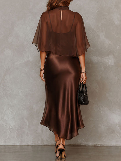 Elegant Brown Satin Midi Dress for Women with Chiffon Cape Overlay Mock Neck Cocktail Style