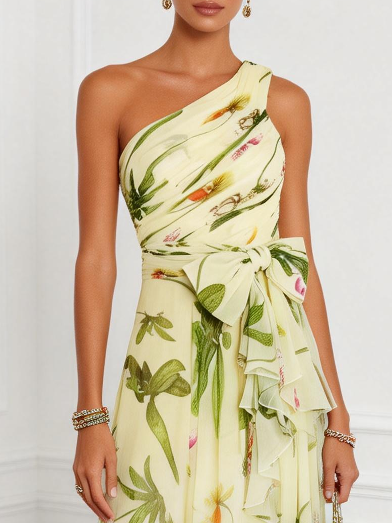 Elegant Floral Maxi Dress for Women with One Shoulder Ruffle Chiffon A Line Formal Wedding Guest Style