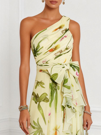 Elegant Floral Maxi Dress for Women with One Shoulder Ruffle Chiffon A Line Formal Wedding Guest Style