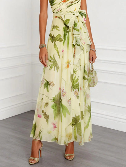Elegant Floral Maxi Dress for Women with One Shoulder Ruffle Chiffon A Line Formal Wedding Guest Style