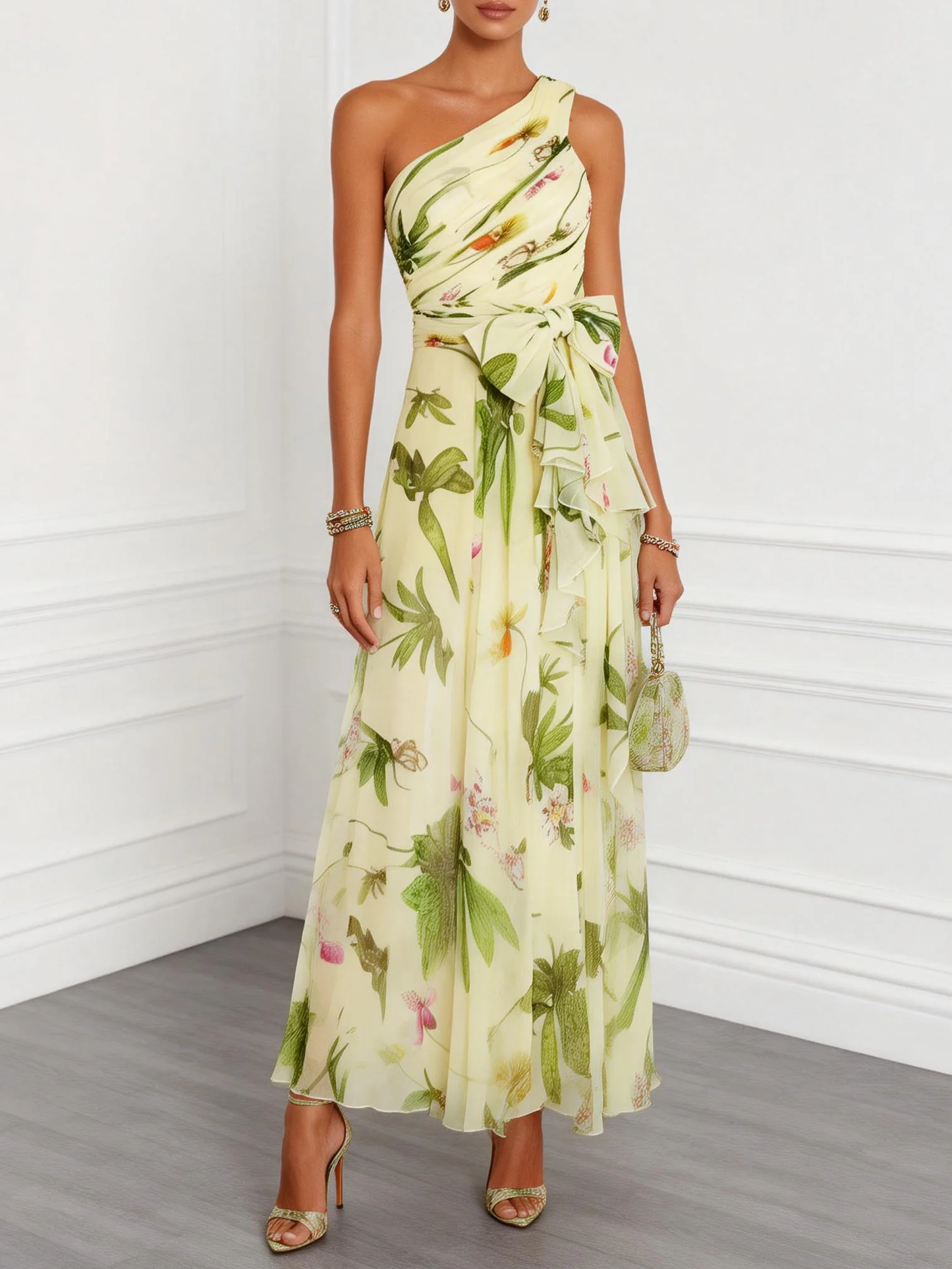 Elegant Floral Maxi Dress for Women with One Shoulder Ruffle Chiffon A Line Formal Wedding Guest Style