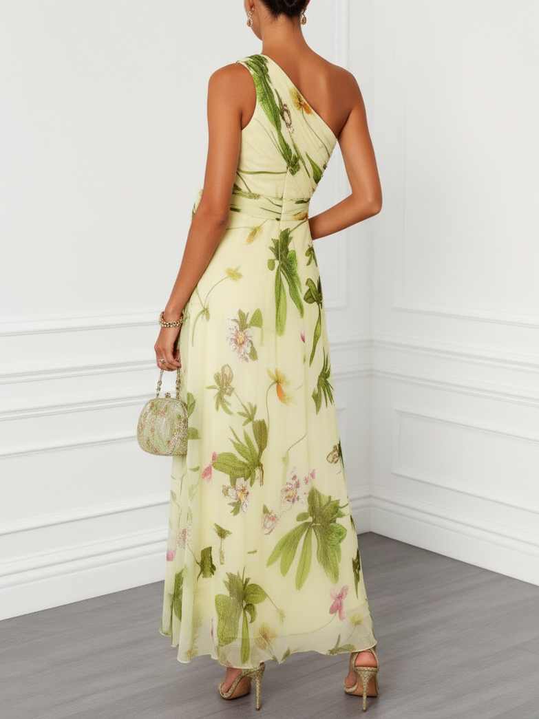 Elegant Floral Maxi Dress for Women with One Shoulder Ruffle Chiffon A Line Formal Wedding Guest Style