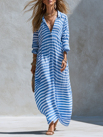 Effortless Blue Striped Maxi Dress for Women with V Neck Long Sleeve Relaxed Shirt Dress Style