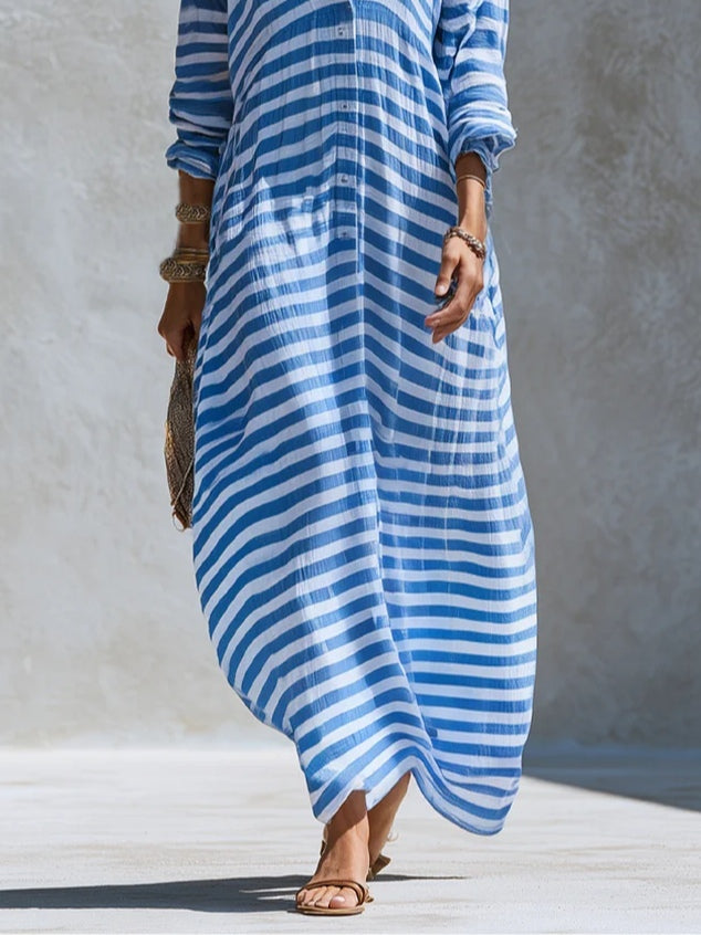 Effortless Blue Striped Maxi Dress for Women with V Neck Long Sleeve Relaxed Shirt Dress Style