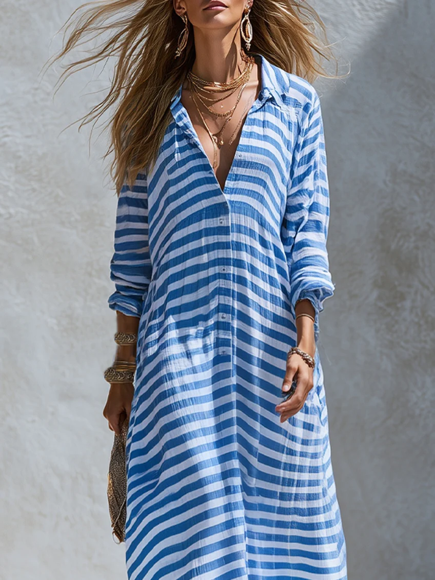 Effortless Blue Striped Maxi Dress for Women with V Neck Long Sleeve Relaxed Shirt Dress Style