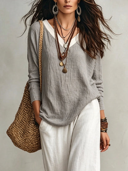 Effortless Grey V Neck Blouse for Women with Long Sleeve Relaxed Draped Flowy Style