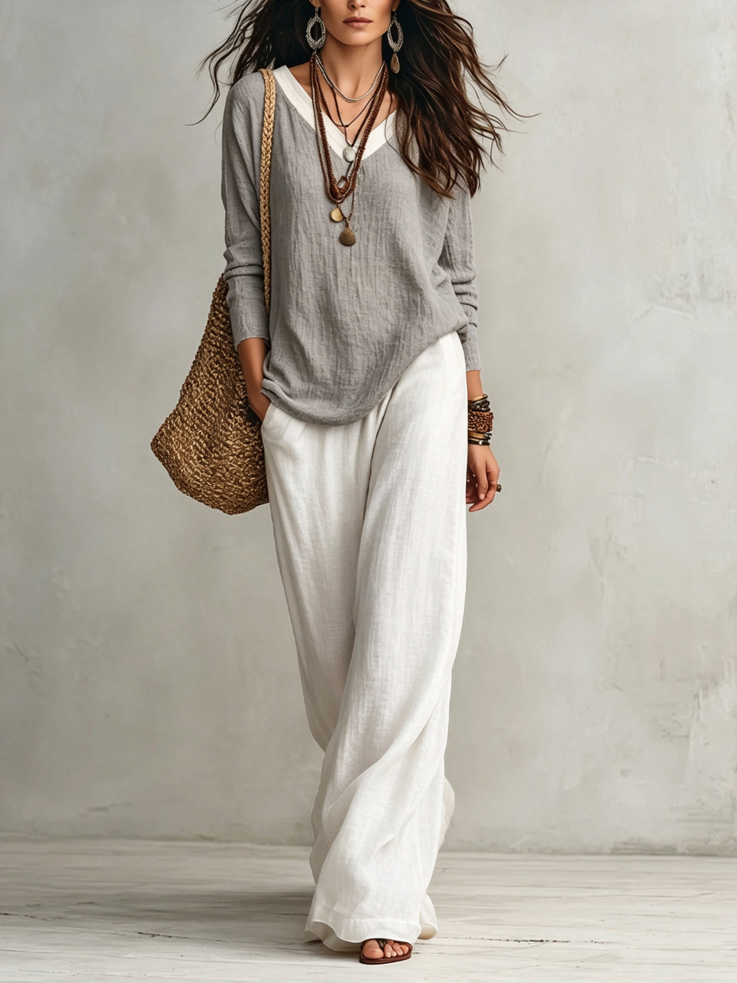 Effortless Grey V Neck Blouse for Women with Long Sleeve Relaxed Draped Flowy Style
