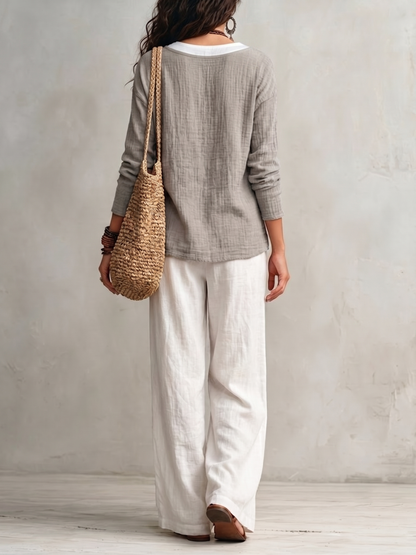 Effortless Grey V Neck Blouse for Women with Long Sleeve Relaxed Draped Flowy Style