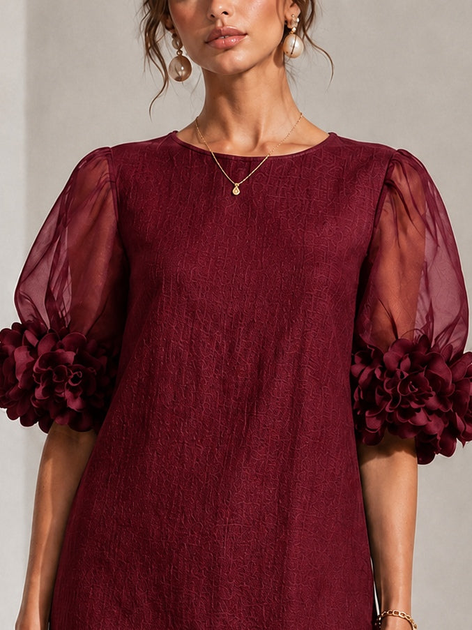 Elegant Burgundy Jacquard Cocktail Dress for Women with Round Neck Sheer Puff Sleeve Floral Applique Shift Style