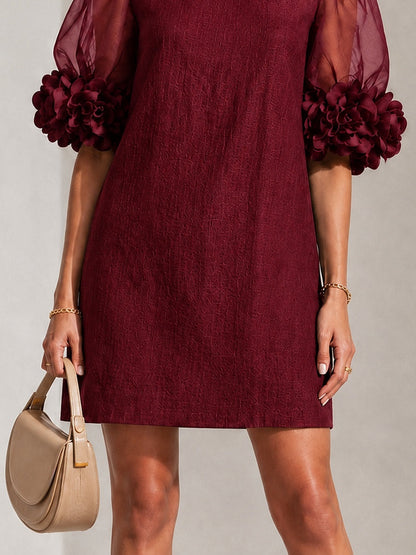 Elegant Burgundy Jacquard Cocktail Dress for Women with Round Neck Sheer Puff Sleeve Floral Applique Shift Style