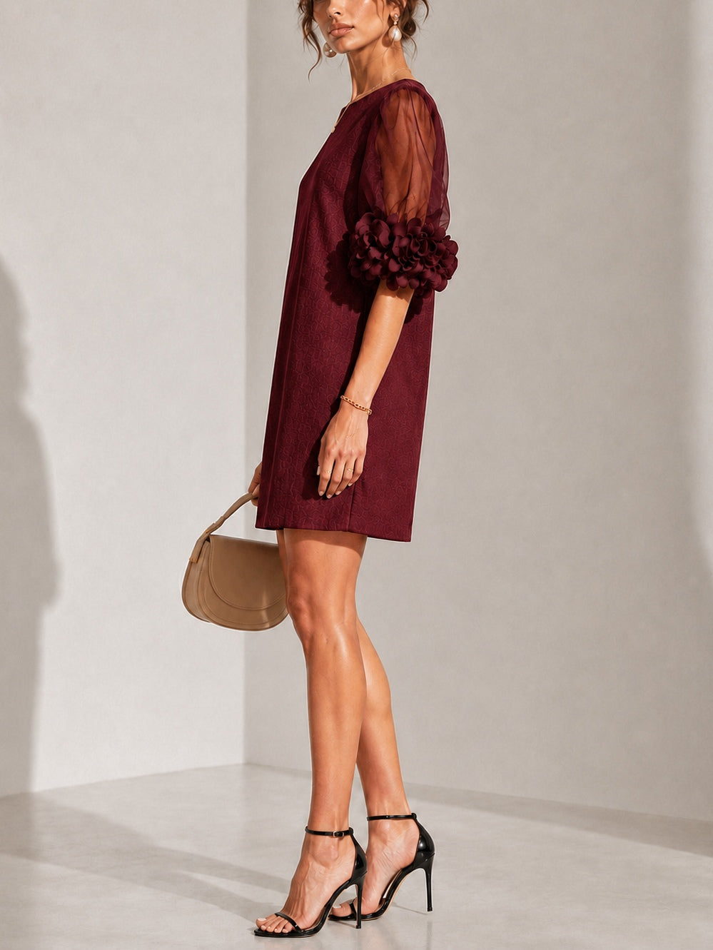 Elegant Burgundy Jacquard Cocktail Dress for Women with Round Neck Sheer Puff Sleeve Floral Applique Shift Style