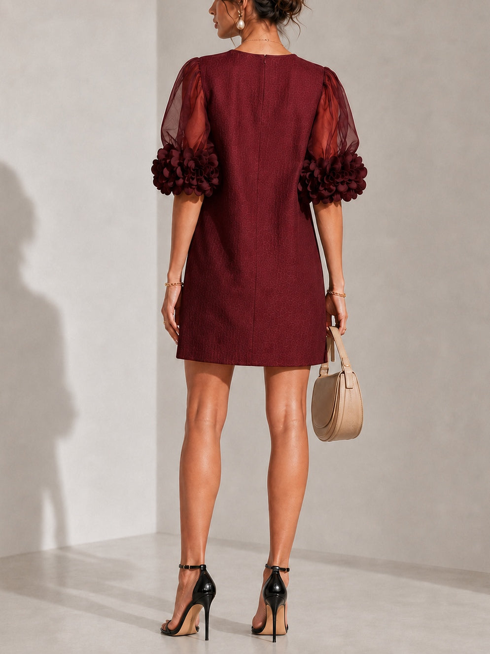 Elegant Burgundy Jacquard Cocktail Dress for Women with Round Neck Sheer Puff Sleeve Floral Applique Shift Style