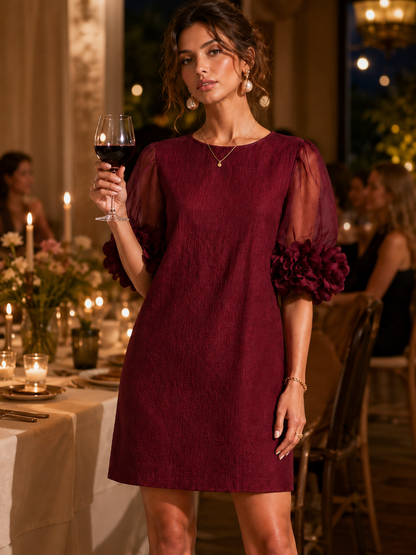 Elegant Burgundy Jacquard Cocktail Dress for Women with Round Neck Sheer Puff Sleeve Floral Applique Shift Style