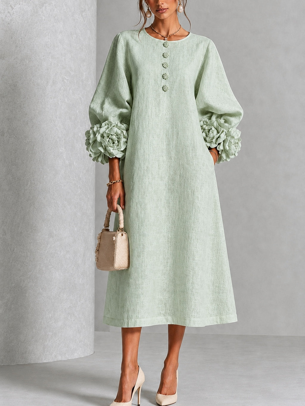 Elegant Sage Green Textured Midi Dress for Women with Round Neck Balloon Sleeve Floral Cuff Fall Wedding Guest Style