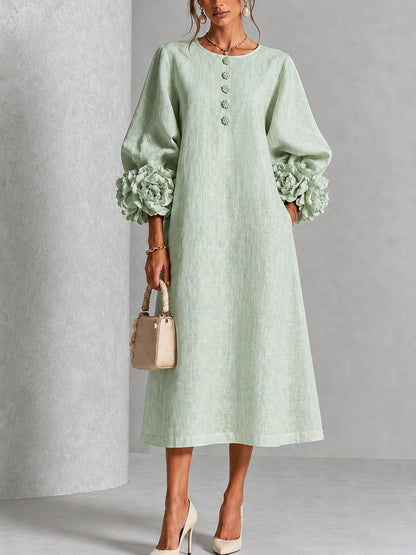 Elegant Sage Green Textured Midi Dress for Women with Round Neck Balloon Sleeve Floral Cuff Fall Wedding Guest Style