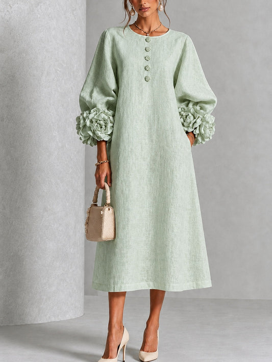 Elegant Sage Green Textured Midi Dress for Women with Round Neck Balloon Sleeve Floral Cuff Fall Wedding Guest Style