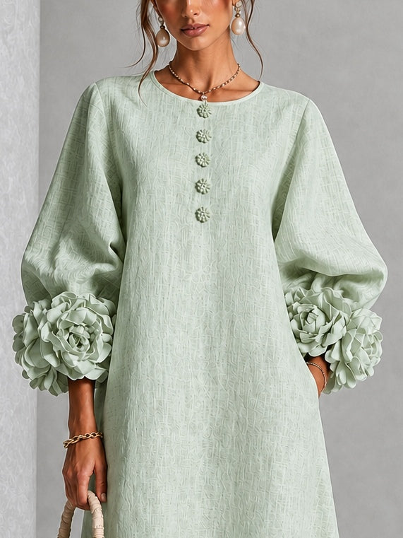 Elegant Sage Green Textured Midi Dress for Women with Round Neck Balloon Sleeve Floral Cuff Fall Wedding Guest Style