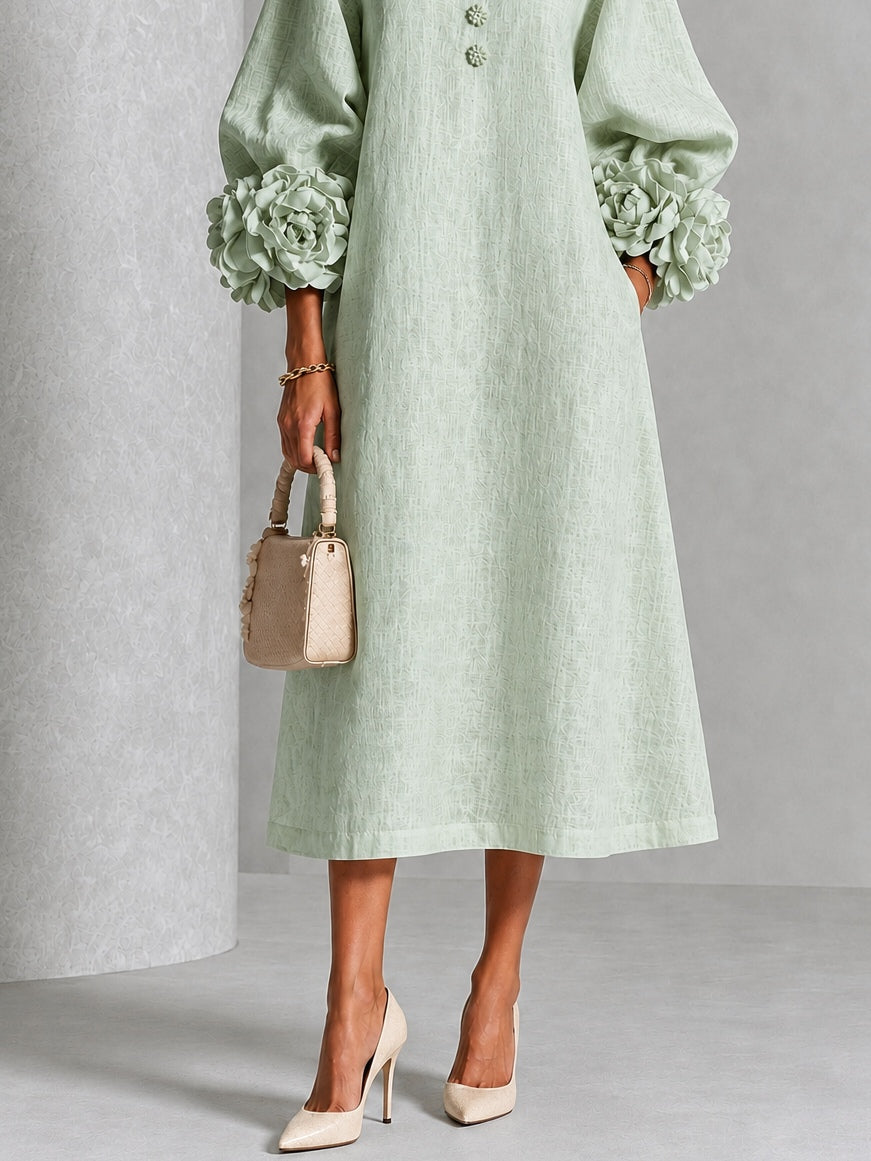 Elegant Sage Green Textured Midi Dress for Women with Round Neck Balloon Sleeve Floral Cuff Fall Wedding Guest Style