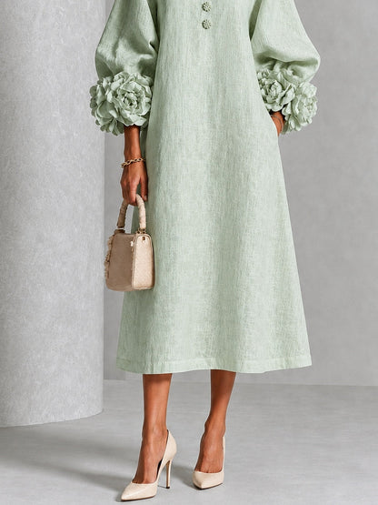 Elegant Sage Green Textured Midi Dress for Women with Round Neck Balloon Sleeve Floral Cuff Fall Wedding Guest Style