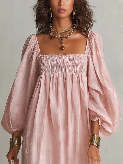 Elegant Pink Linen Maxi Dress for Women with Square Neck Balloon Sleeve Smocked Bodice Autumn Wedding Guest Style