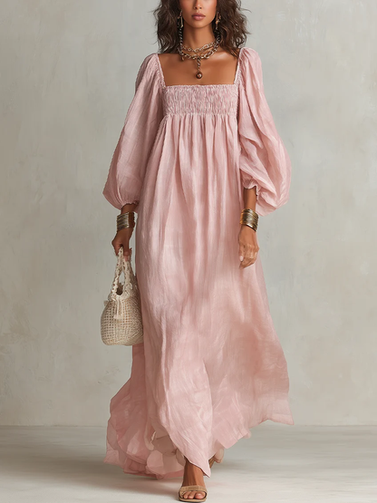 Elegant Pink Linen Maxi Dress for Women with Square Neck Balloon Sleeve Smocked Bodice Autumn Wedding Guest Style