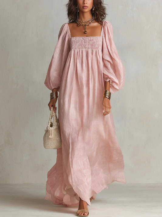 Elegant Pink Linen Maxi Dress for Women with Square Neck Balloon Sleeve Smocked Bodice Autumn Wedding Guest Style