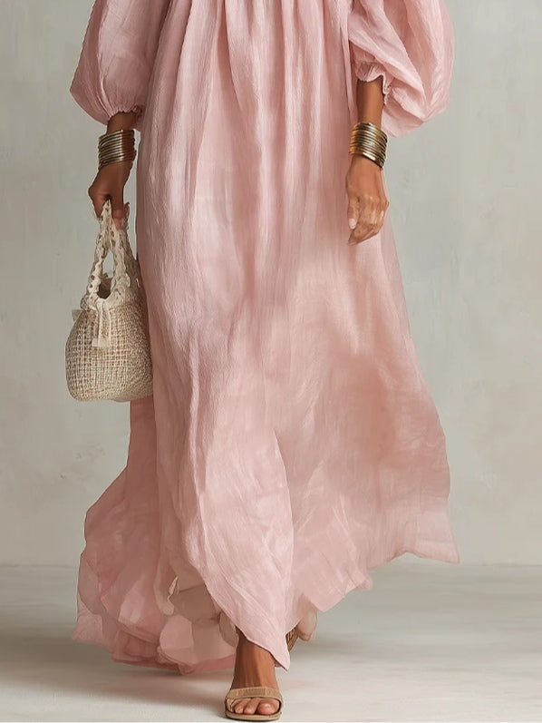 Elegant Pink Linen Maxi Dress for Women with Square Neck Balloon Sleeve Smocked Bodice Autumn Wedding Guest Style