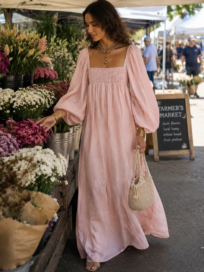 Elegant Pink Linen Maxi Dress for Women with Square Neck Balloon Sleeve Smocked Bodice Autumn Wedding Guest Style