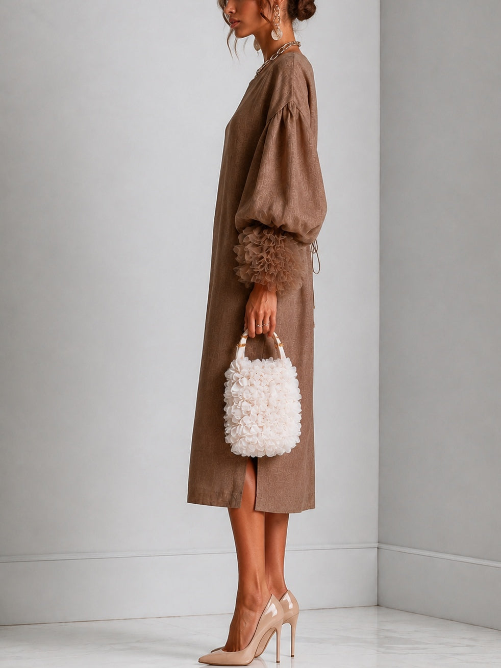 Elegant Brown Linen Midi Dress for Women with Round Neck Balloon Sleeve Ruffle Cuff Fall Wedding Guest Style