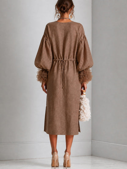 Elegant Brown Linen Midi Dress for Women with Round Neck Balloon Sleeve Ruffle Cuff Fall Wedding Guest Style