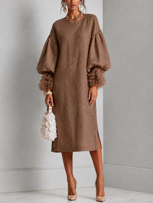 Elegant Brown Linen Midi Dress for Women with Round Neck Balloon Sleeve Ruffle Cuff Fall Wedding Guest Style