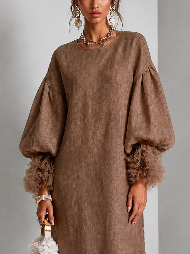 Elegant Brown Linen Midi Dress for Women with Round Neck Balloon Sleeve Ruffle Cuff Fall Wedding Guest Style