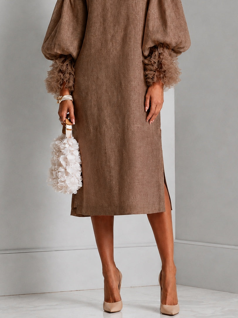 Elegant Brown Linen Midi Dress for Women with Round Neck Balloon Sleeve Ruffle Cuff Fall Wedding Guest Style