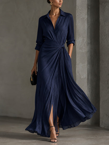 Elegant Navy Floral Off-Shoulder Tiered Maxi Dress for Women with Shirt Collar Long Sleeve Knotted Waist Formal Wedding Guest Style