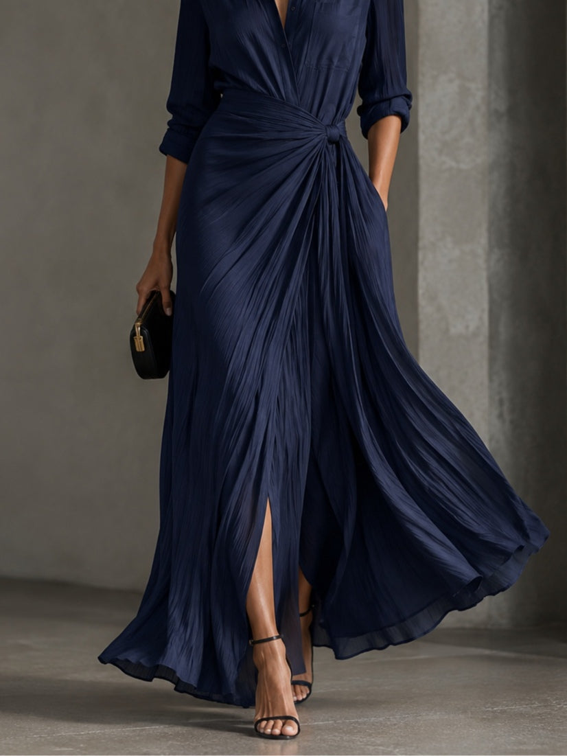 Elegant Navy Floral Off-Shoulder Tiered Maxi Dress for Women with Shirt Collar Long Sleeve Knotted Waist Formal Wedding Guest Style