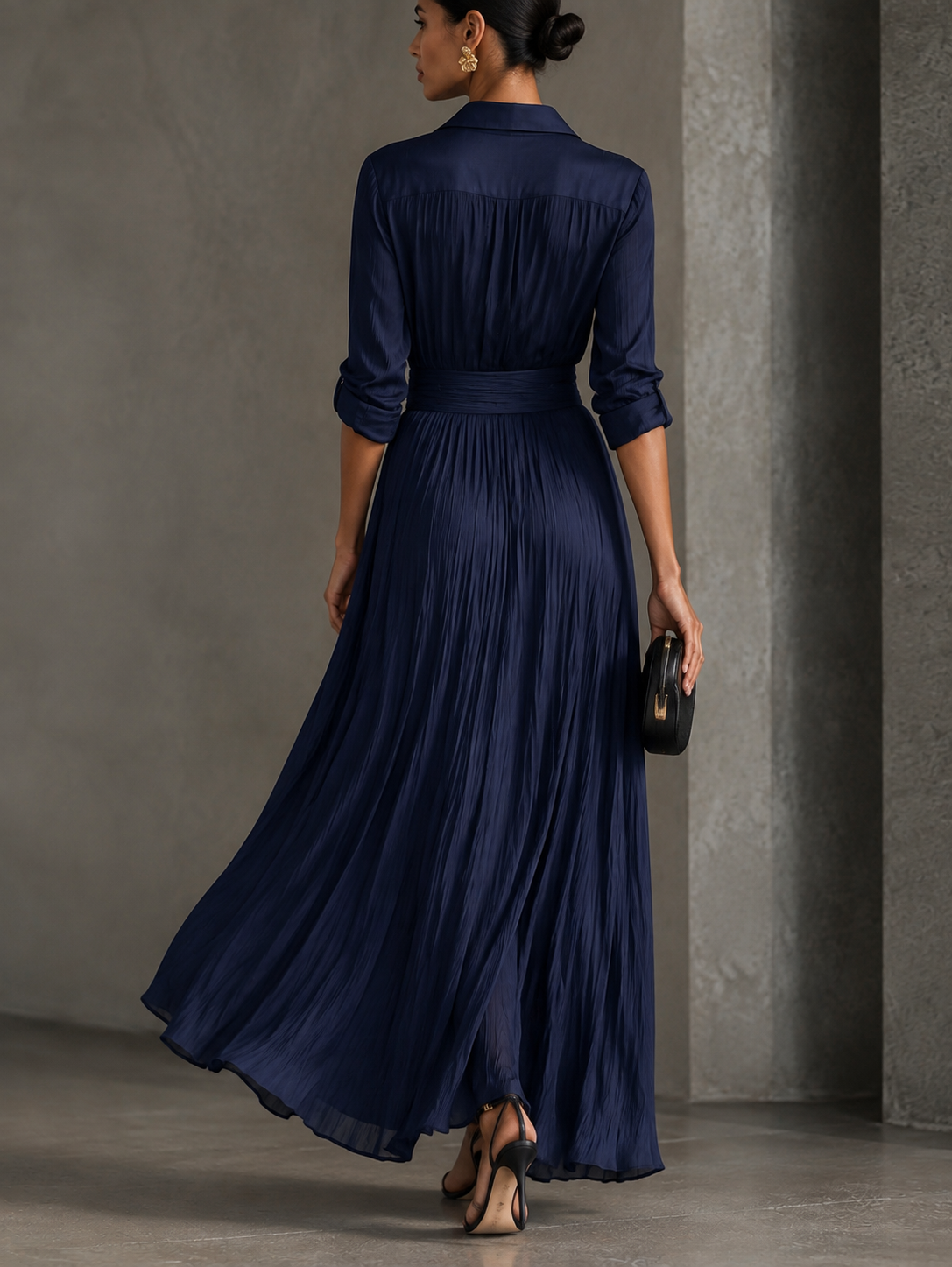 Elegant Navy Floral Off-Shoulder Tiered Maxi Dress for Women with Shirt Collar Long Sleeve Knotted Waist Formal Wedding Guest Style