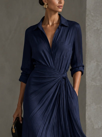 Elegant Navy Floral Off-Shoulder Tiered Maxi Dress for Women with Shirt Collar Long Sleeve Knotted Waist Formal Wedding Guest Style